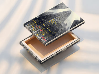 A stretched canvas print features a captivating cityscape artwork. The urban skyscraper wall art is ready to hang. It brings modern architecture into your living space or office. Perfect for contemporary decor and urban landscapes.