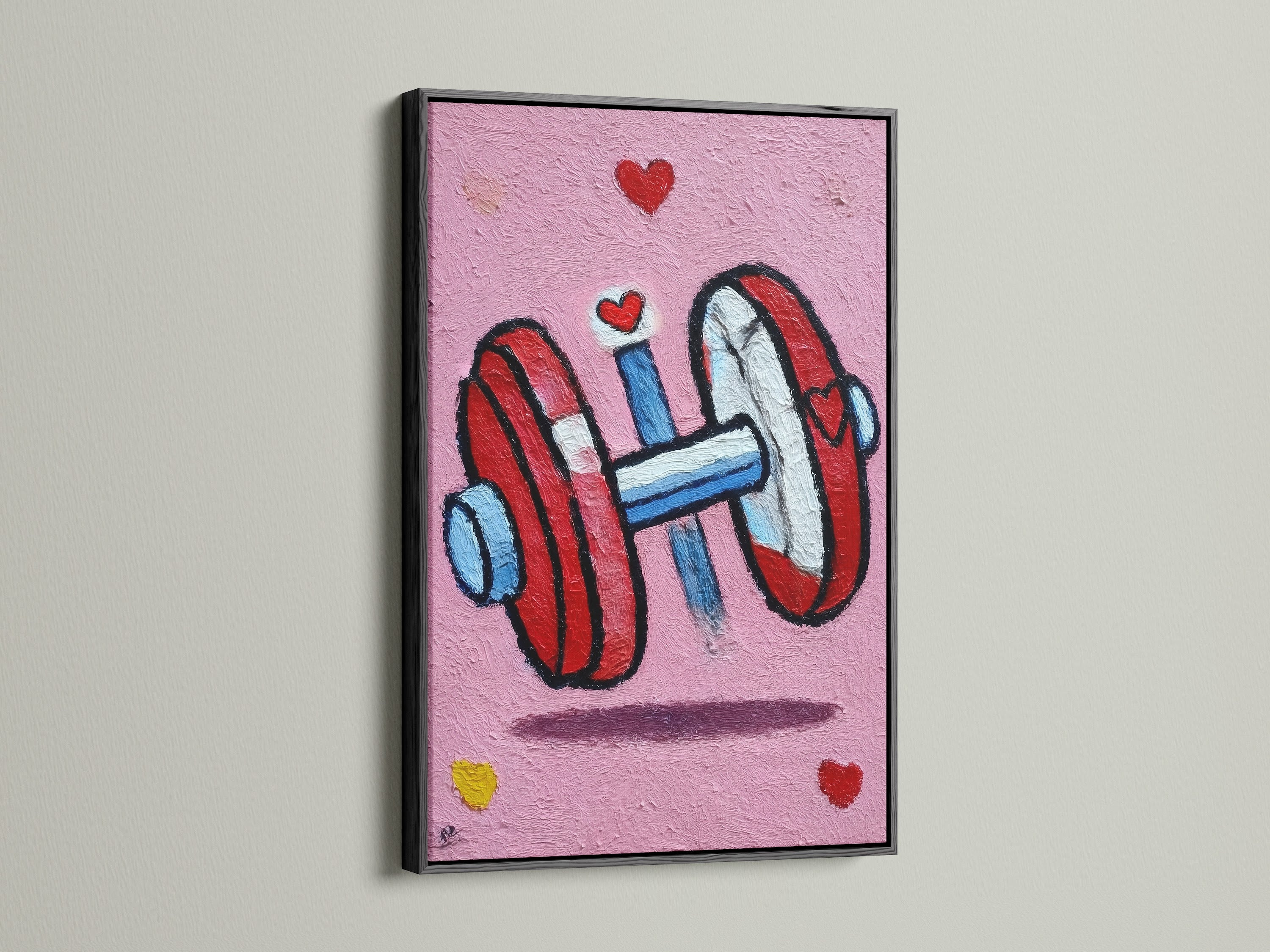 Dumbbell art print set in a black frame. This gym canvas print provides fitness motivation. The artwork suits workout decor. The black frame offers a sleek look. Perfect for a home gym. Elevate your fitness studio with this print.