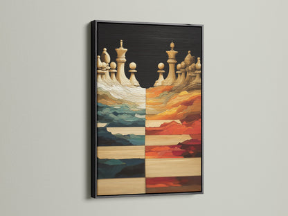 Black frame contrasts the chess art canvas. The modern artwork stands out. This board game decor is perfect for a man cave. The dark border adds drama to the teal and orange.