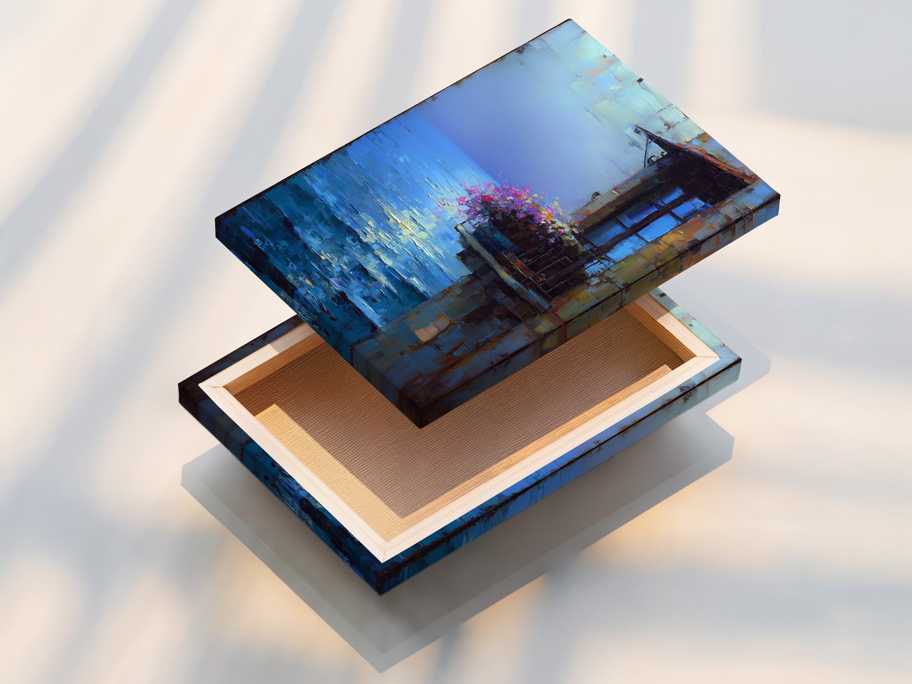 This is a stretched canvas print of Mediterranean Balcony artwork. The blue ocean art brings a coastal tropical style. It's ideal for renters wanting to add refined art.