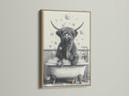 The Highland Cow in Tub artwork is showcased in an oak frame. The black and white scottish cattle artwork is perfect bathroom wall art. It is ideal for farmhouse decor. A fun and quirky addition to any country themed home.