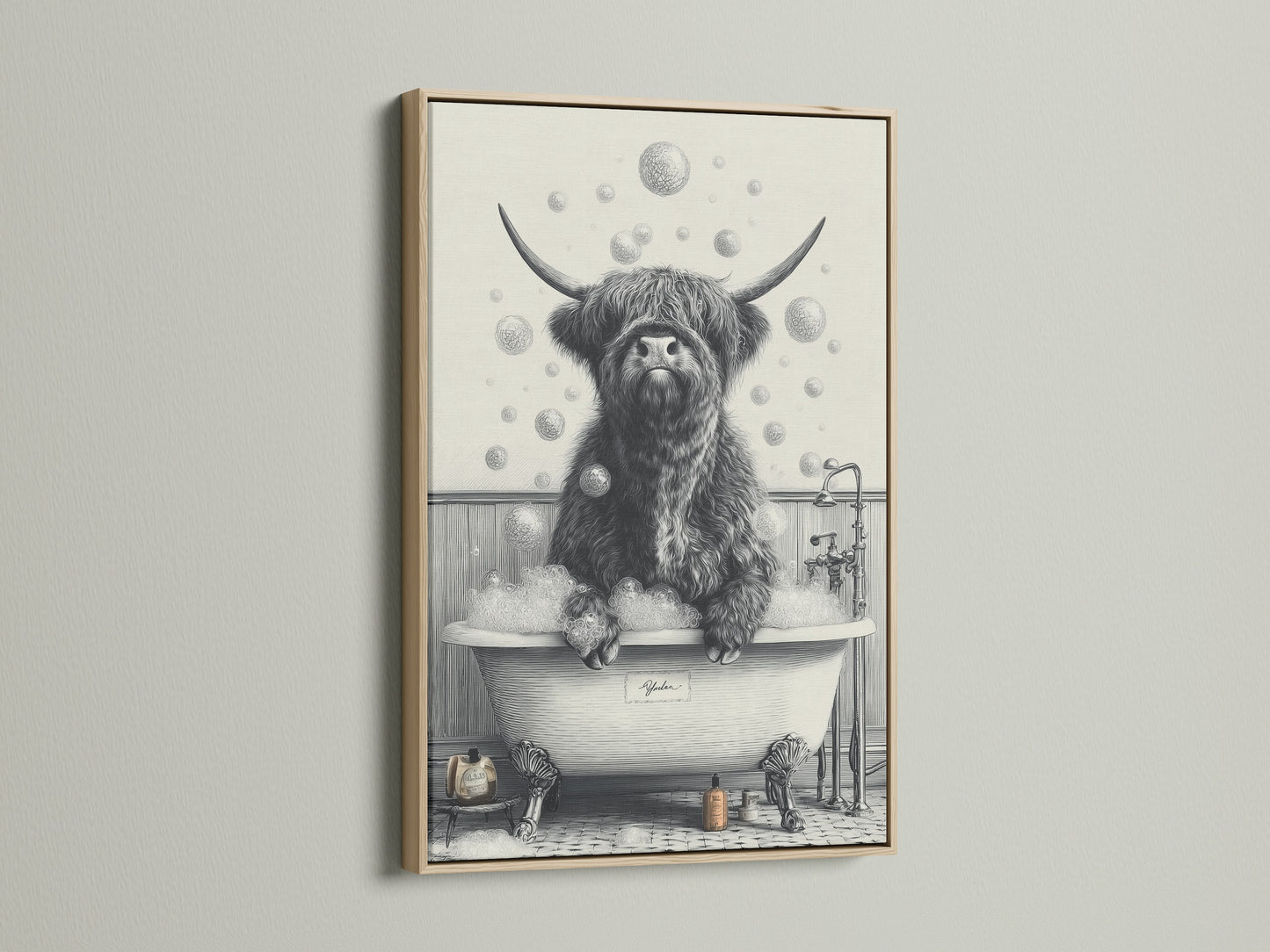 This image displays a framed highland cow art print. The frame is made of oak. This funny animal art brings a rustic touch. Ideal as a cow in tub print for unique wall art. It enhances any farmhouse decor.