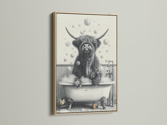 This animal canvas features a highland cow in a bathtub. The artwork is framed with a light oak frame. This piece is perfect for farmhouse decor. Add a touch of whimsy to your bathroom art with this unique animal print.