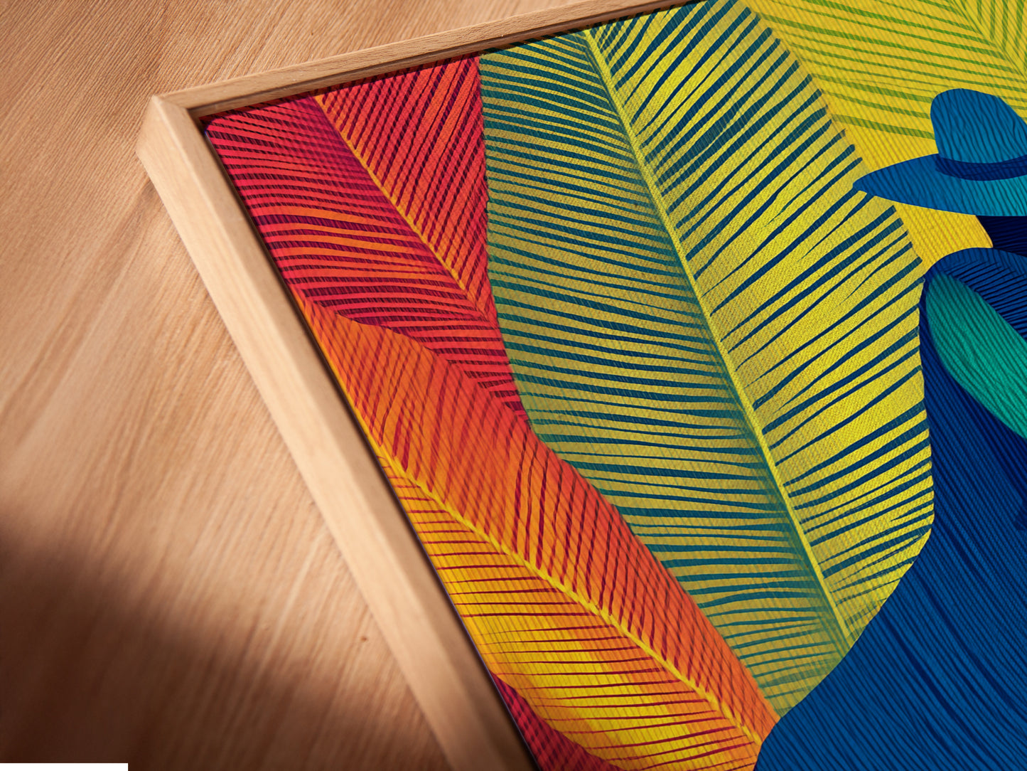 A close-up angled view of a canvas print in a floating frame. The equestrian wall decor is a modern art piece. See the fine details of this unique horse rider print today.