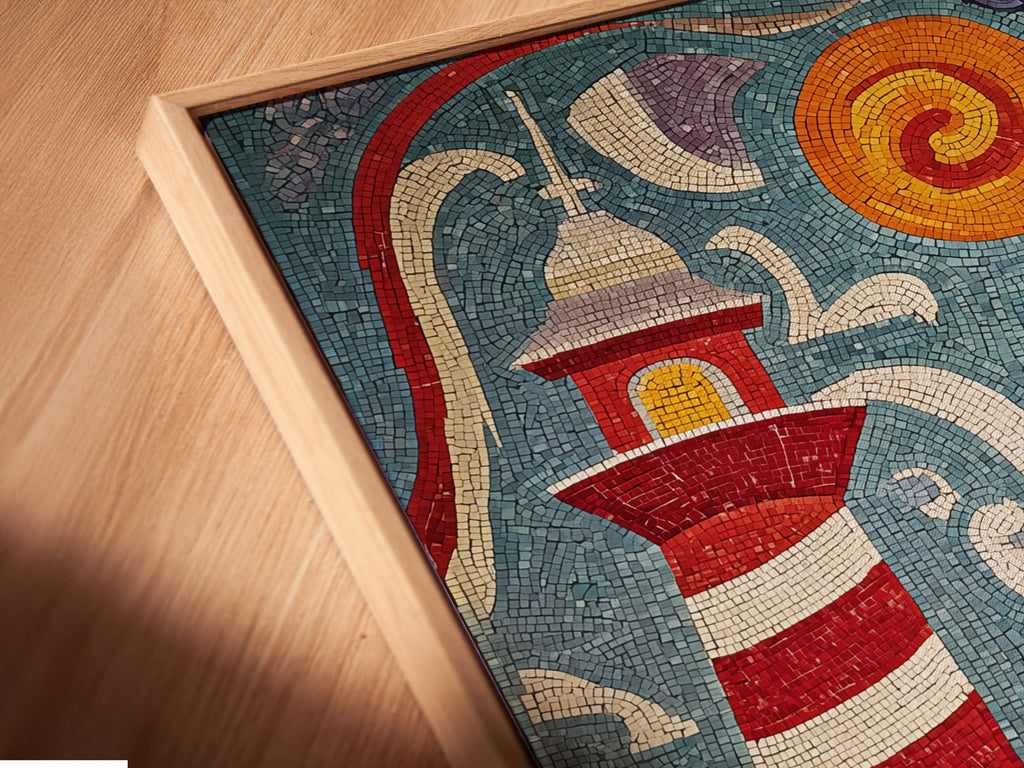 A close-up of the nautical mosaic artwork in a floating frame. The lighthouse maritime art is perfect for coastal decor. The fine details are visible. The artwork enhances any space. The floating frame adds a modern touch. This is beautiful.