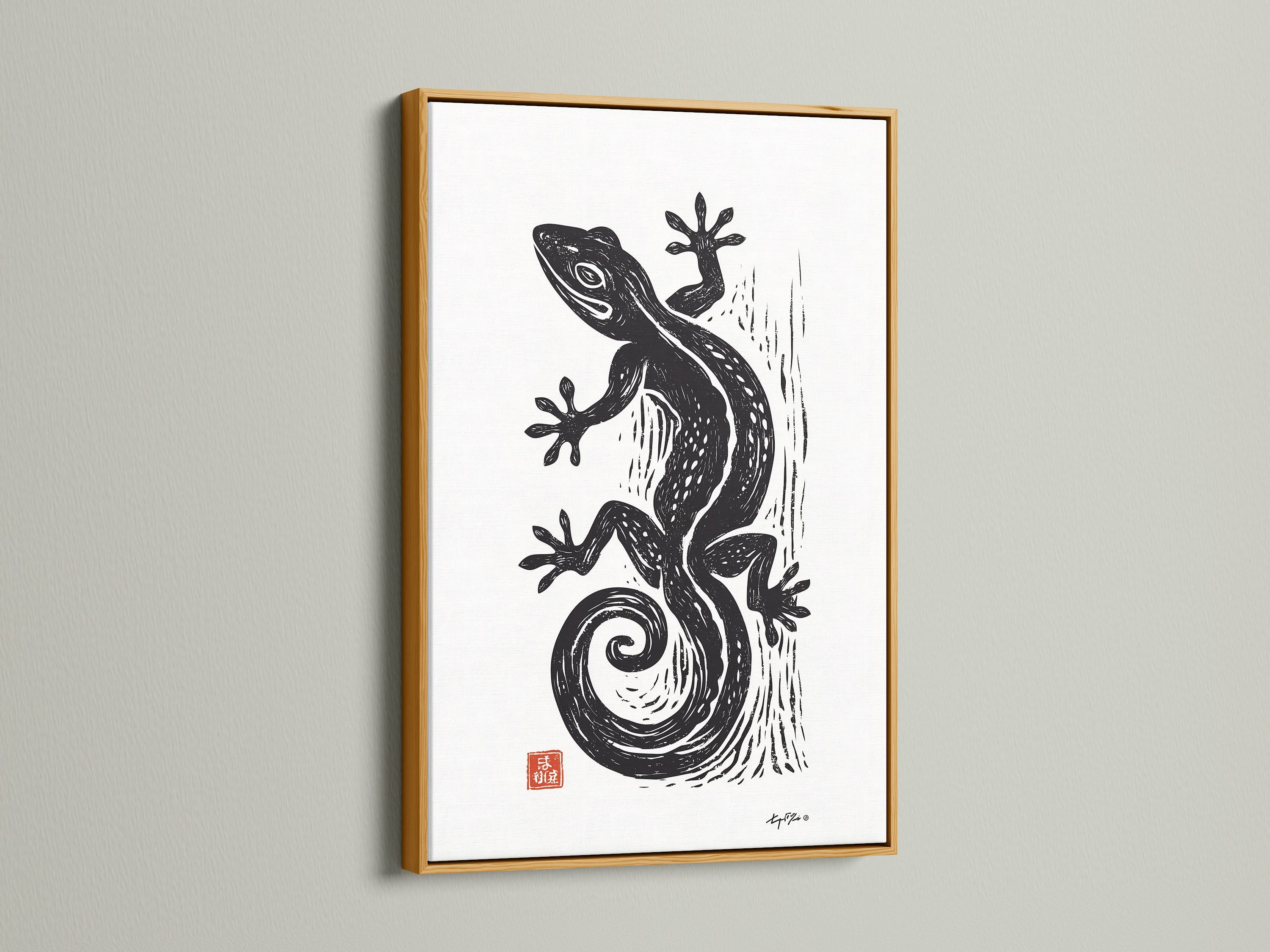 The gold frame adds a touch of elegance. A black gecko art print is displayed. The frame enhances the artwork's luxurious feel. Consider this framed artwork for a sophisticated look. It brings a touch of glam to your walls.