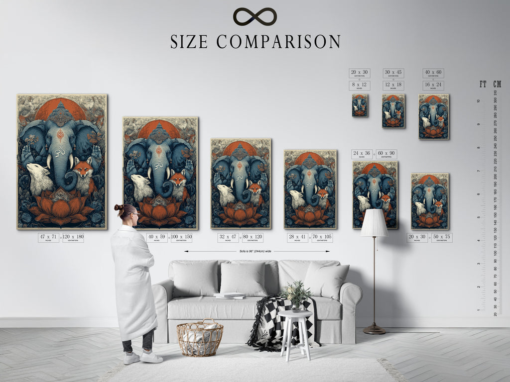 Size comparison chart in interior setting. This artwork features sacred animals. This spiritual wall art is perfect for any room. The bohemian meditation room decor includes an Om symbol print. Find spiritual home decor and zen wall art. Perfect for business owners seeking elevated spiritual art.