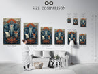 Size comparison chart in interior setting. This artwork features sacred animals. This spiritual wall art is perfect for any room. The bohemian meditation room decor includes an Om symbol print. Find spiritual home decor and zen wall art. Perfect for business owners seeking elevated spiritual art.
