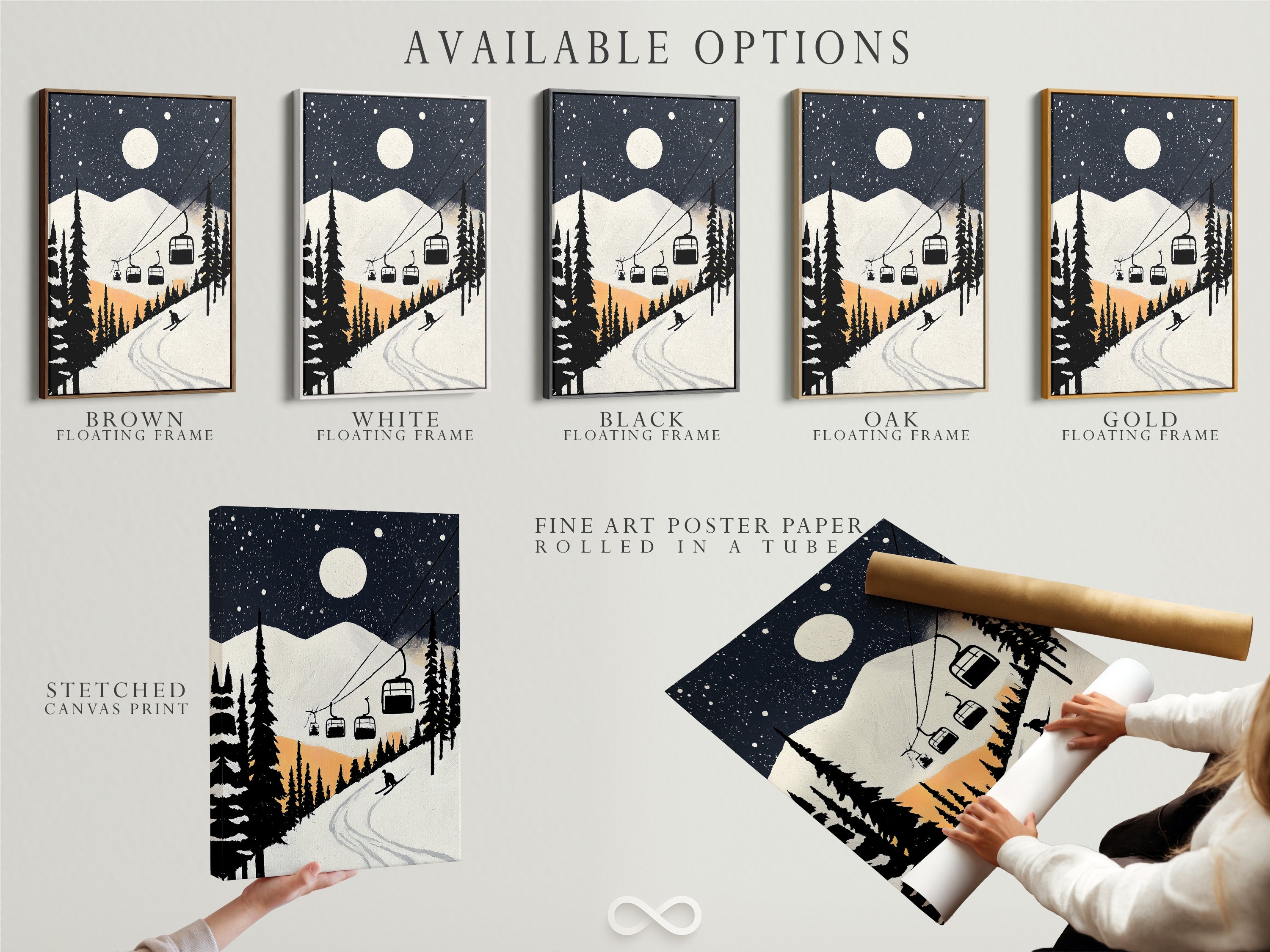 Discover available options for our Ski Resort Canvas Print. Choose from stretched canvas fine art poster paper or a floating frame. Customize your winter mountain art to match your style. Featuring a vintage ski lift poster for lodge decor. Create the perfect snowy night scene wall art.