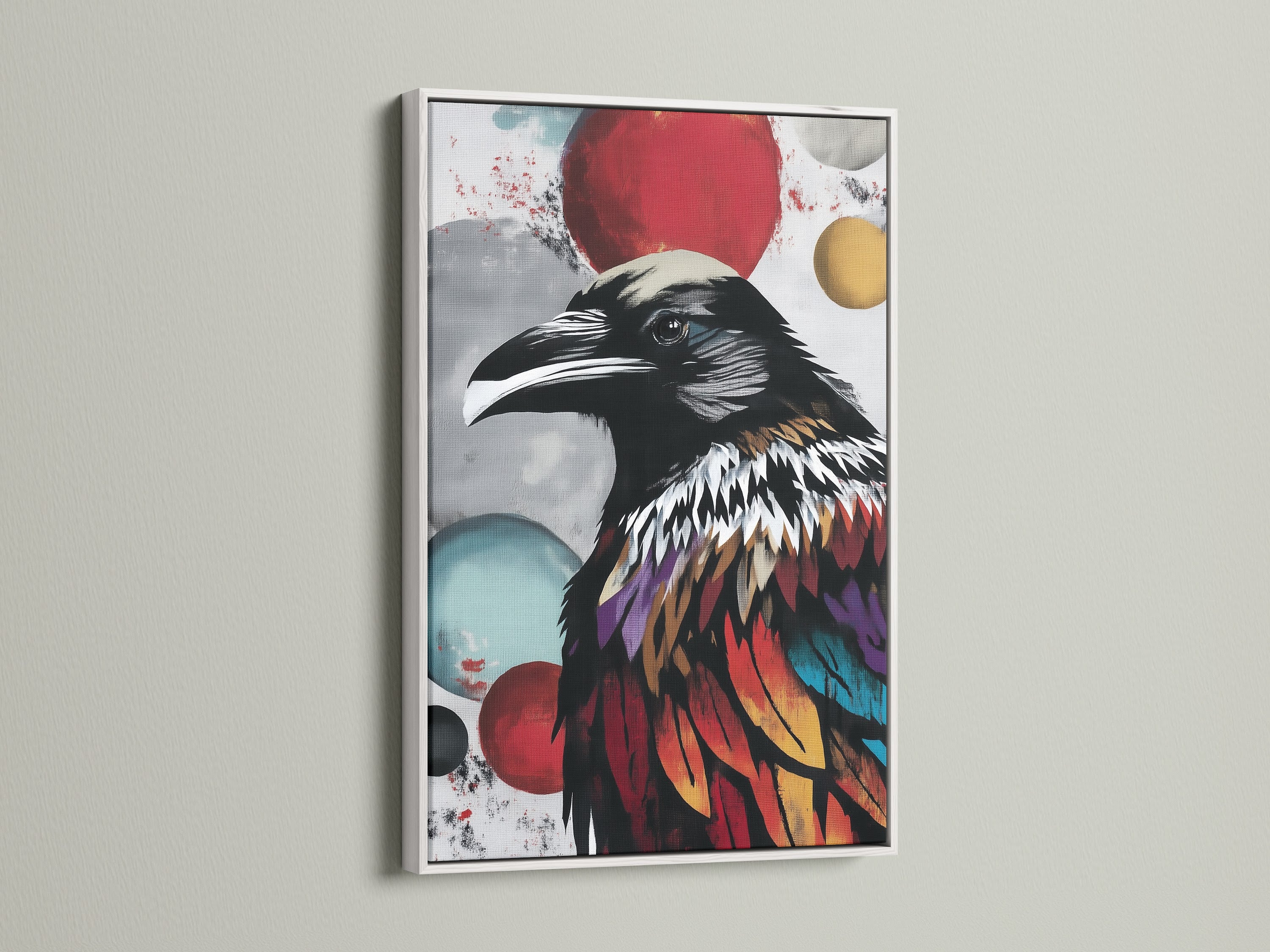 This modern raven artwork is showcased in a white frame. Its gothic style adds sophistication. The colorful print is ideal for any room. It makes a thoughtful gift for bird and gothic art enthusiasts.