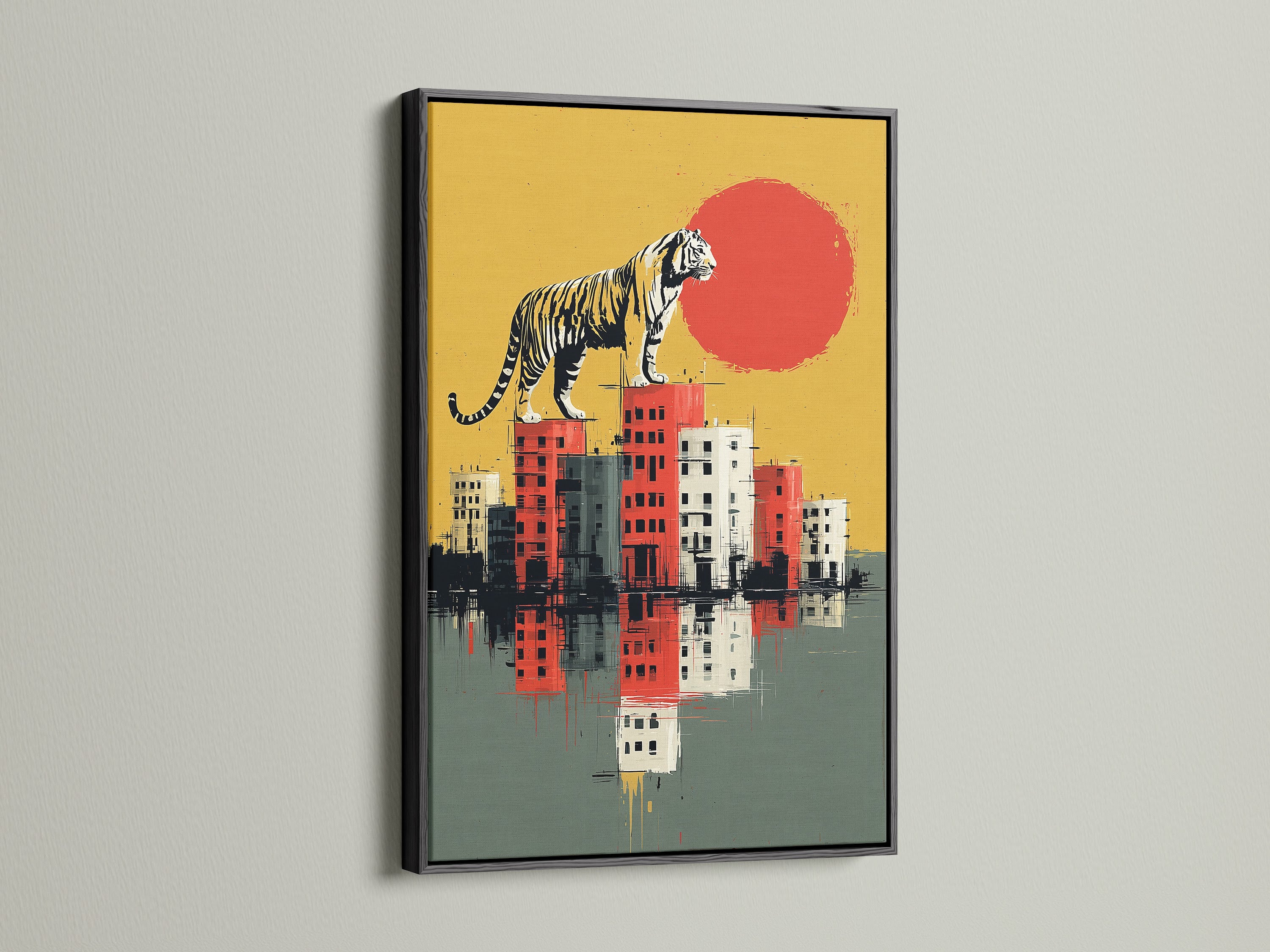 The Tiger City art print is featured in a black frame. The black frame adds a bold touch to the artwork. The surreal wall art gains depth and intensity. This urban wildlife art is perfect for a contemporary setting. The black frame enhances the modern canvas art. Elevate your space with this striking combination.