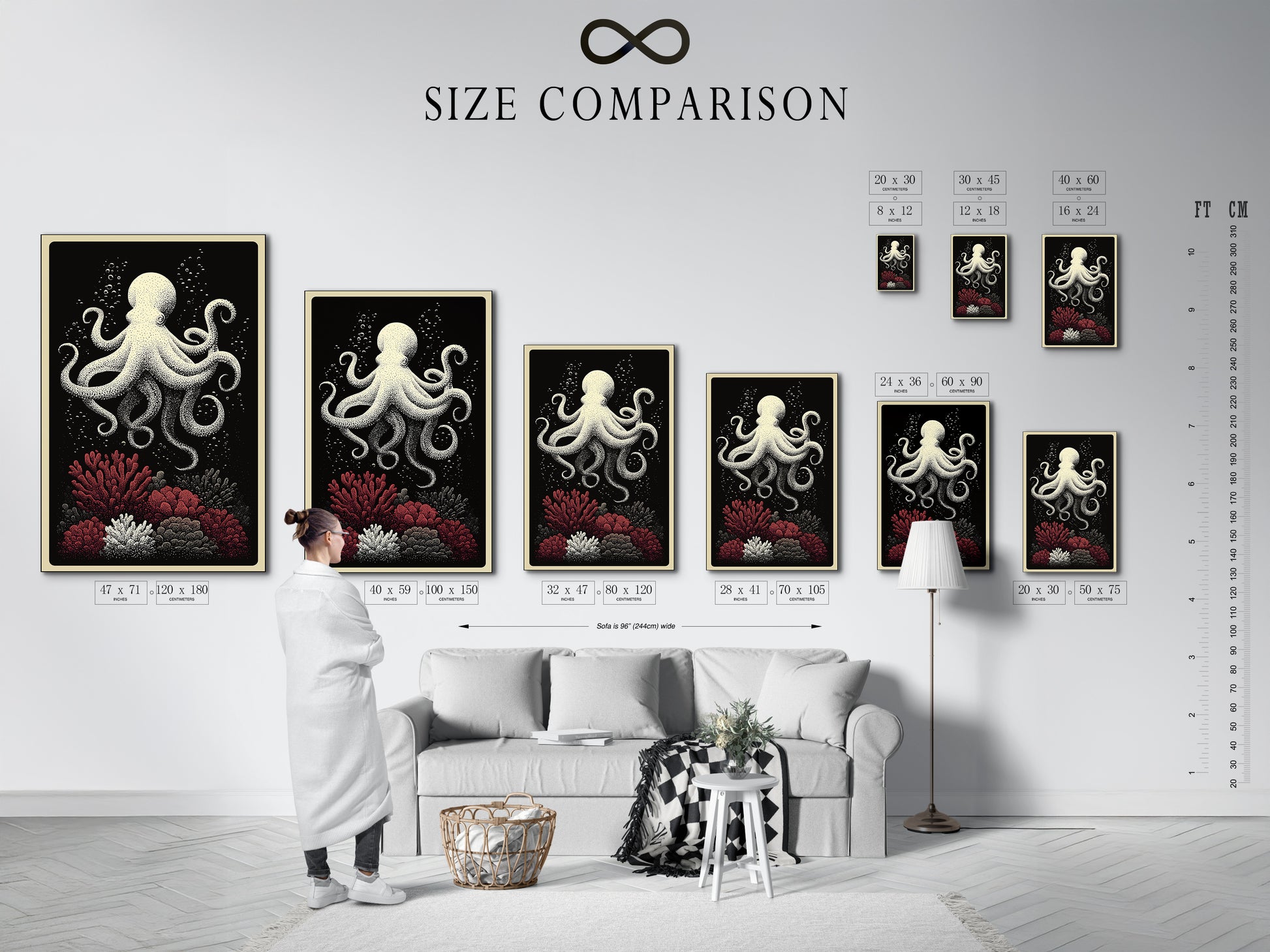 Size comparison chart in interior. See how the octopus canvas print fits in a room. This nautical wall art includes coral reef art for coastal home decor. Envision your space with ocean creature artwork.