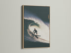 An oak frame displays surf artwork. The art is mounted on a white wall. The oak wood grain is visible. This frame adds a natural touch. Elevate your artwork with an oak frame. It is a timeless choice for any space.