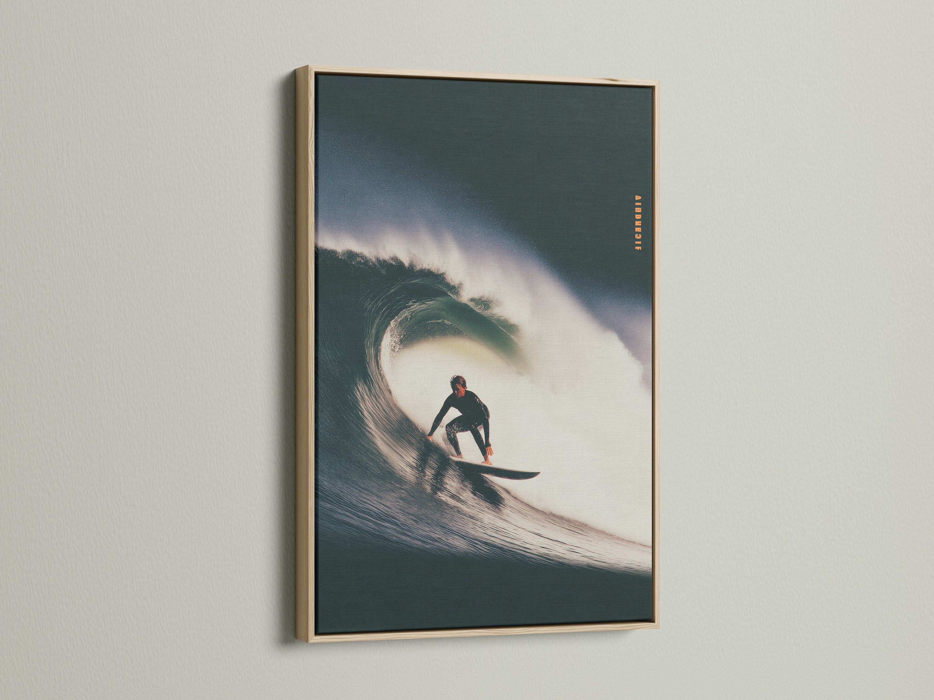 An oak frame displays surf artwork. The art is mounted on a white wall. The oak wood grain is visible. This frame adds a natural touch. Elevate your artwork with an oak frame. It is a timeless choice for any space.