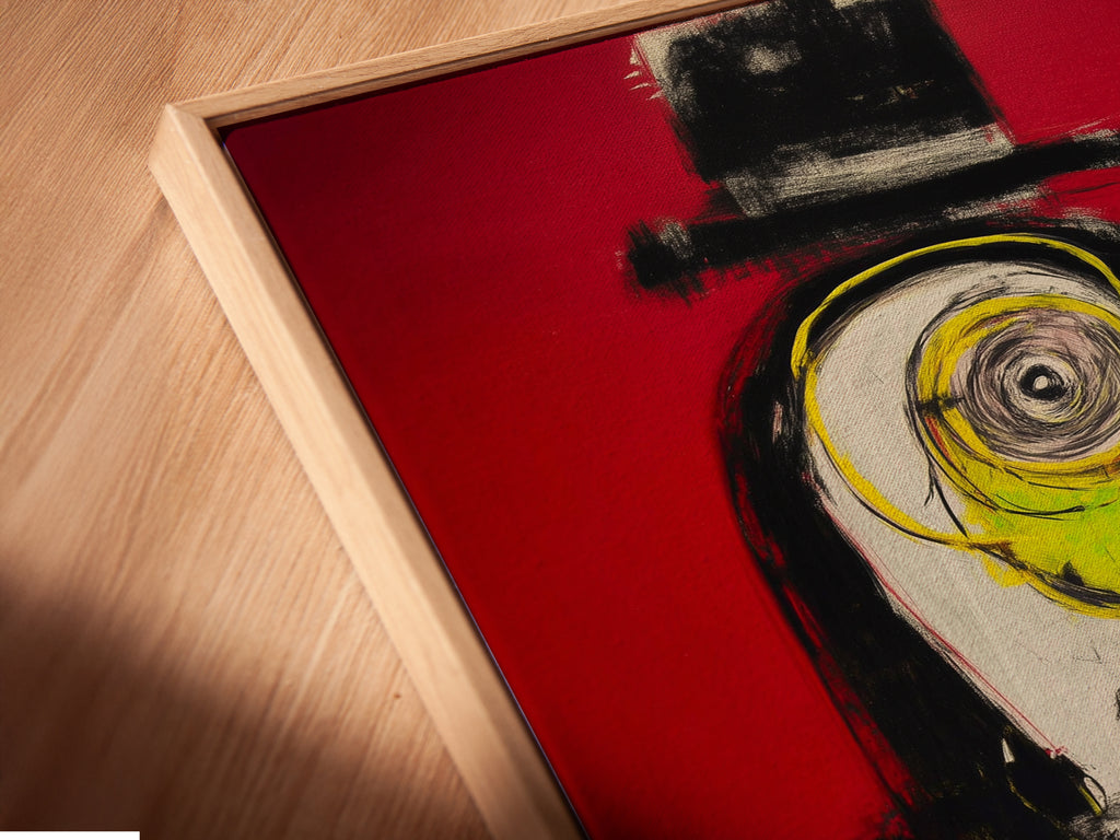 A close-up angle of a canvas print in a floating frame. The artwork features quirky animal art with a red abstract. This contemporary piece enhances any wall decor.
