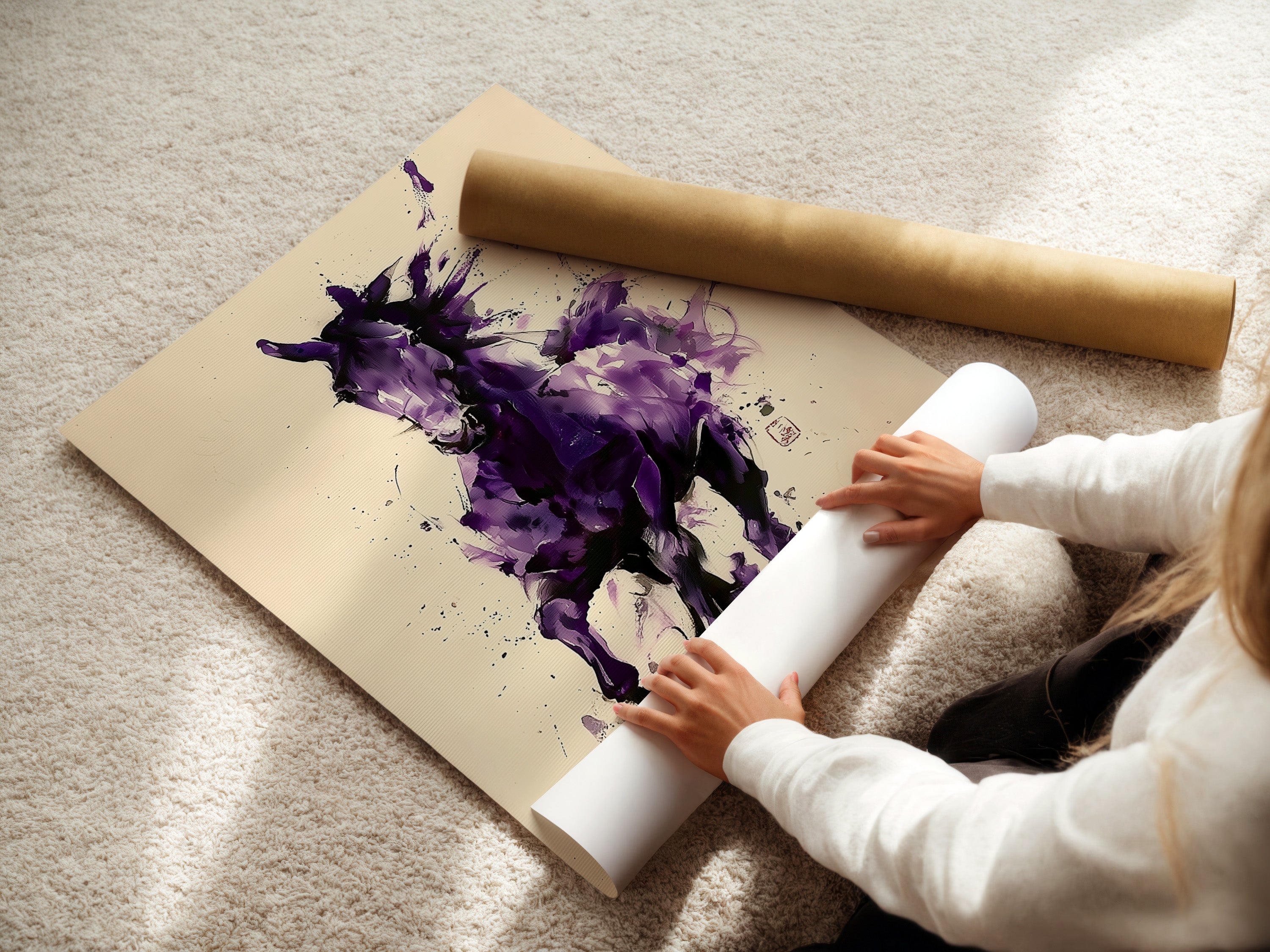 A woman carefully rolls fine art poster paper. High quality paper ensures vibrant prints. Protect your art during storage. Choose fine art paper for lasting beauty.