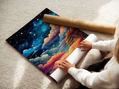 A woman is carefully rolling a fine art poster paper of the Starry Night artwork. The celestial sky and lake landscape are beautifully rendered. This fine art poster is perfect for modern wall art. It will add a touch of elegance to your home