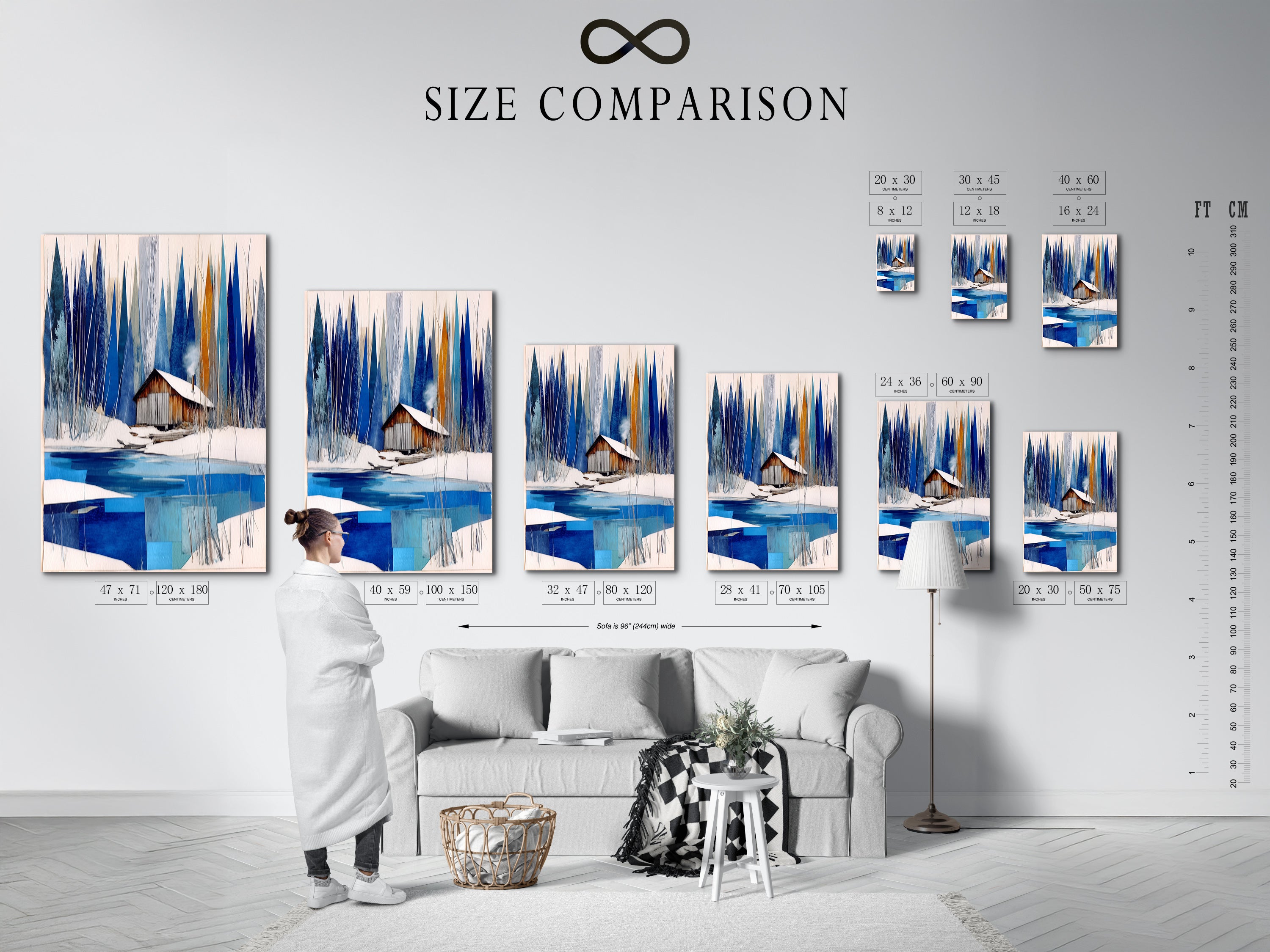 A size comparison chart is displayed in an interior setting. The chart showcases various dimensions of the winter cabin artwork. Sizes range from small prints to large canvas pieces. Visualize how the snowy lake wall art fits your space. Perfect for planning chalet decor and enhancing modern wall art.