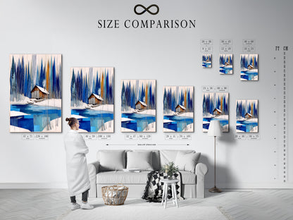 A size comparison chart is displayed in an interior setting. The chart showcases various dimensions of the winter cabin artwork. Sizes range from small prints to large canvas pieces. Visualize how the snowy lake wall art fits your space. Perfect for planning chalet decor and enhancing modern wall art.