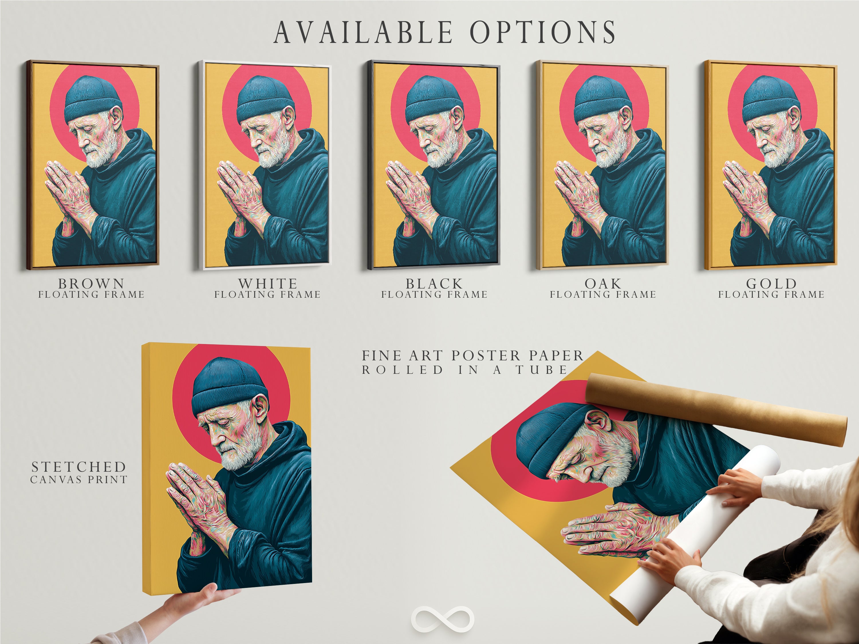 Available options for the Praying Man artwork. Options include a stretched canvas print fine art poster paper and a floating frame. Customize your spiritual wall art to match your style. Teal and gold artwork for any space.