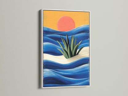 Coastal sunset art piece in a white frame. The abstract wave print offers a minimalist seascape. This ocean canvas art brings summer vibes. A perfect gift for ocean lovers.