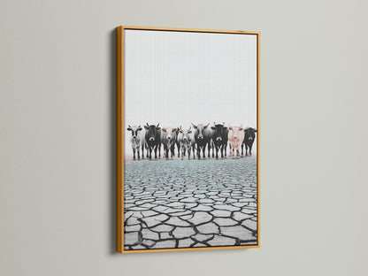 Cattle canvas print in a gold frame. Farmhouse art brings a touch of elegance. The gold frame adds sophistication to rustic countryside artwork. View gold frame details now.