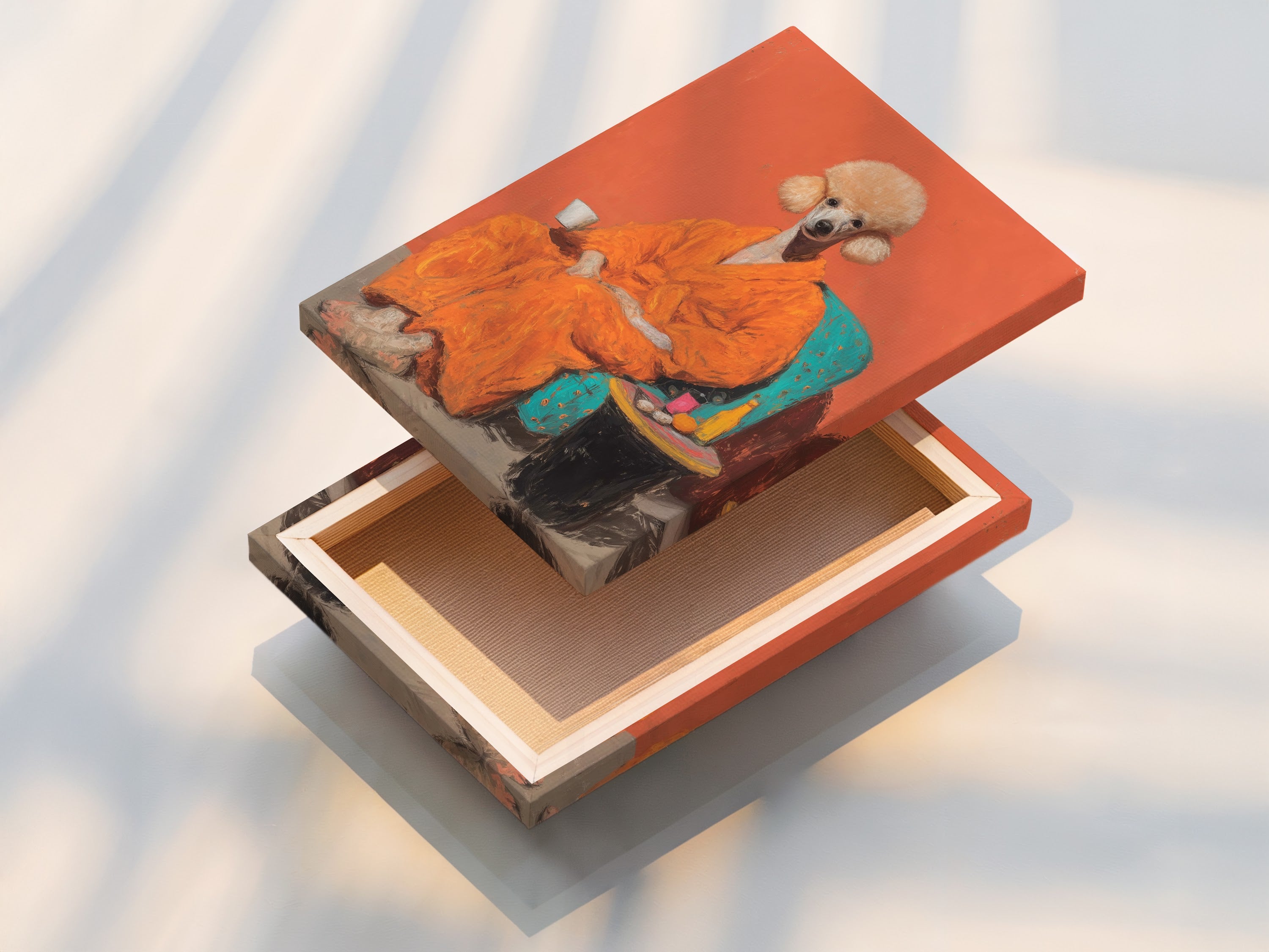 This is a stretched canvas print of the Poodle Portrait Canvas Print. This quirky animal wall art features surreal pet art perfect for home or office decor. The primary color is orange and the secondary color is blue.