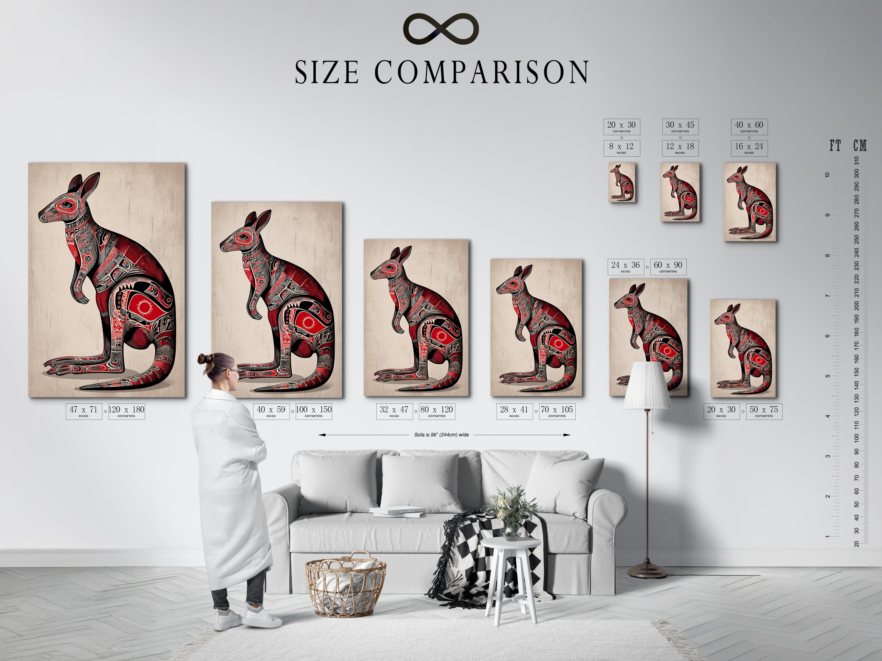 Size comparison chart displayed in an interior setting. The chart shows various sizes of the Aboriginal Kangaroo artwork. Options include canvas prints and framed posters. Visualize the perfect fit for your living room wall art. Enhance your office decor.
