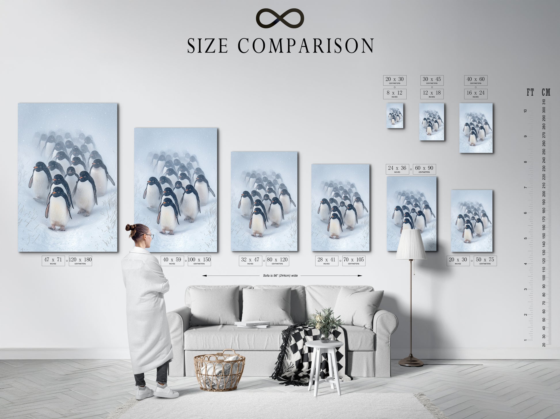 A size comparison chart in an interior setting. Helping you choose the perfect size for your penguin artwork. Visualize how different sizes will look in your space. Find the ideal fit for your home or office decor.