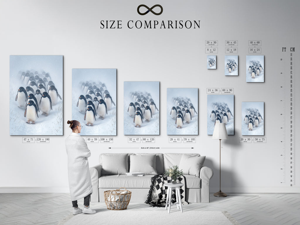 Size comparison chart showing the Penguin Parade artwork in an interior setting. Visualize the ideal size for your animal photography. Choose the perfect dimensions for your wildlife canvas.