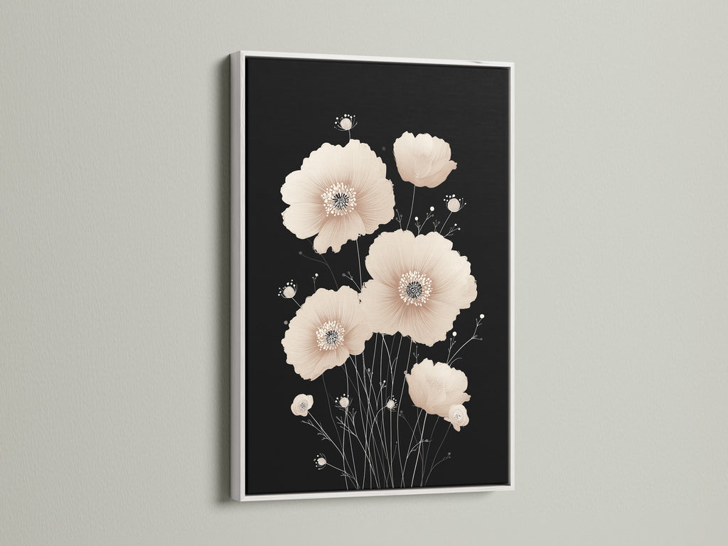 Beige Poppy Flower Artwork in a White Frame. The white frame accentuates the minimalist botanical poster. A serene addition to any bedroom wall decor. This floral canvas print brings a fresh and calming touch to your living space. It is ideal for scandi decor.