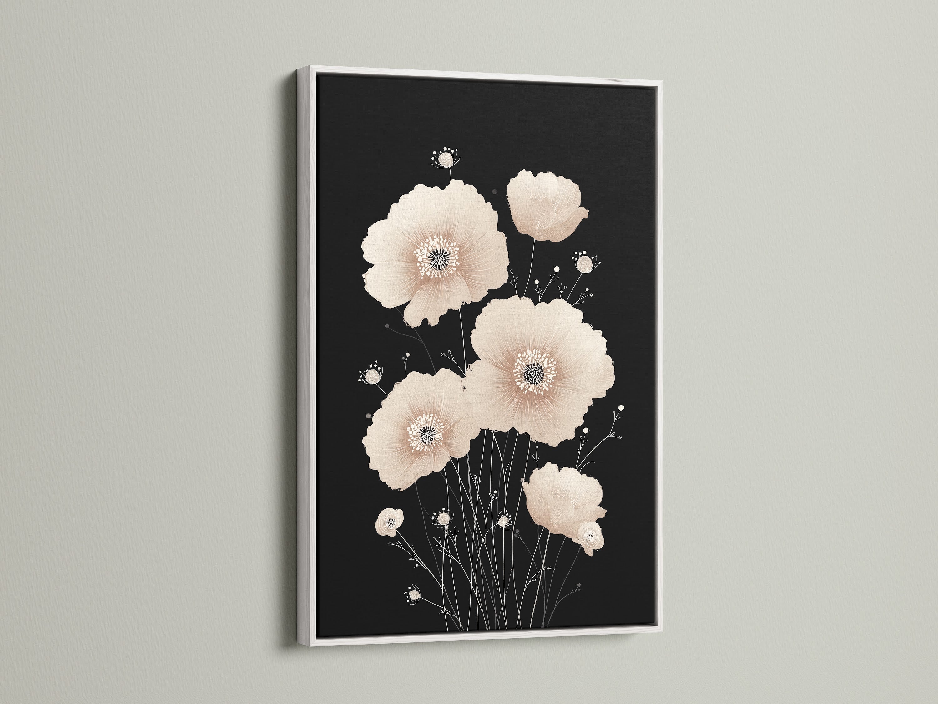 Beige Poppy Flower Artwork in a White Frame. The white frame accentuates the minimalist botanical poster. A serene addition to any bedroom wall decor. This floral canvas print brings a fresh and calming touch to your living space. It is ideal for scandi decor.