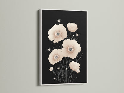 Beige Poppy Flower Artwork in a White Frame. The white frame accentuates the minimalist botanical poster. A serene addition to any bedroom wall decor. This floral canvas print brings a fresh and calming touch to your living space. It is ideal for scandi decor.