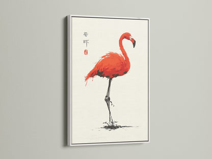 This image presents the red bird print with a white frame. The white frame offers a clean and modern look. This enhances the vibrant colors of the flamingo artwork. Suitable for living rooms bedrooms and offices. It adds a touch of nature-inspired beauty.