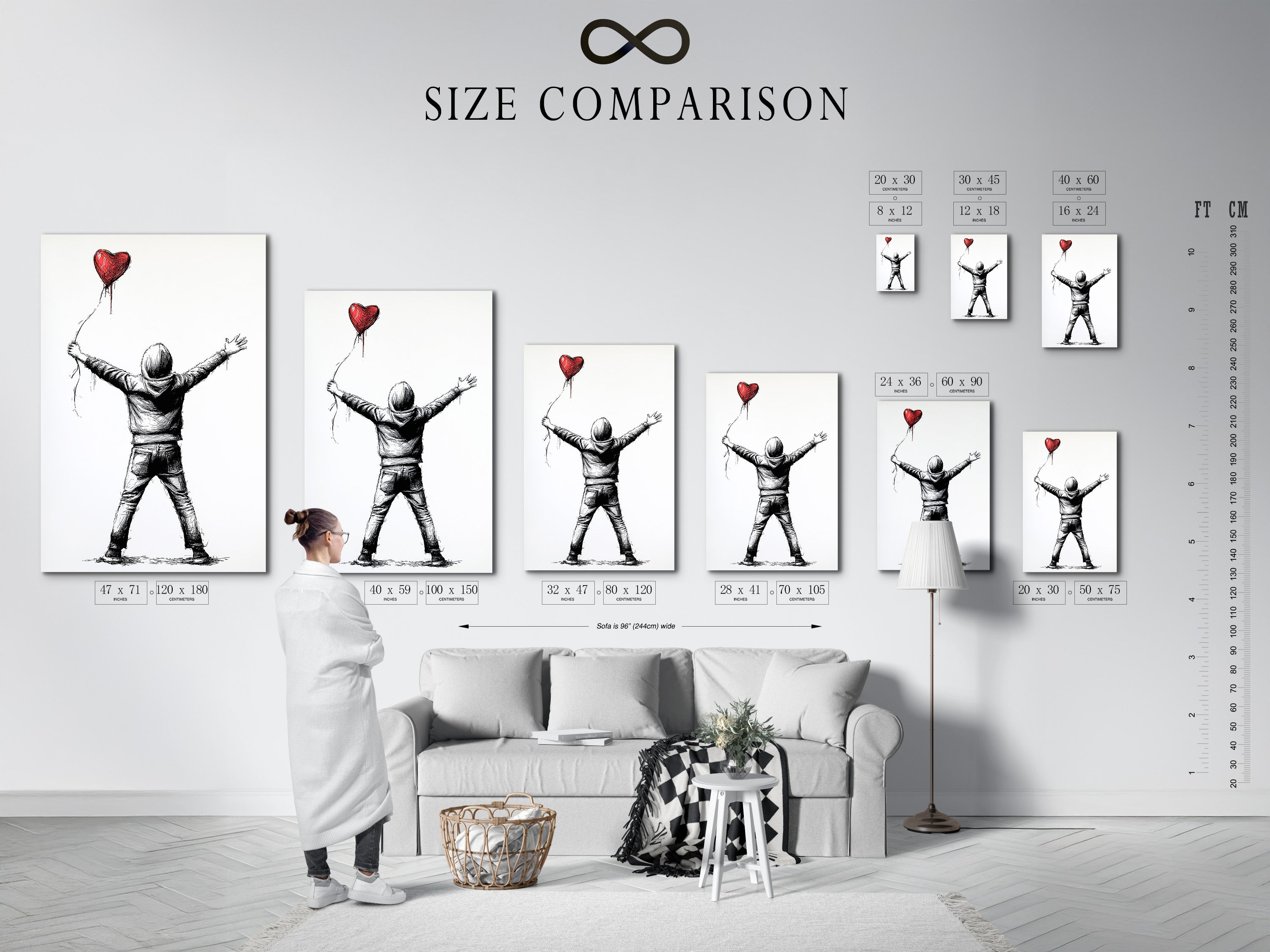 This is a size comparison chart in an interior. The chart shows various print sizes. See how different sizes look in a room. Visualize your artwork before you buy. Find the perfect size for your space.