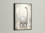 A black frame encases the dinosaur artwork. The dark frame creates a striking contrast. It adds a touch of sophistication to the piece. This frame option is bold and timeless.
