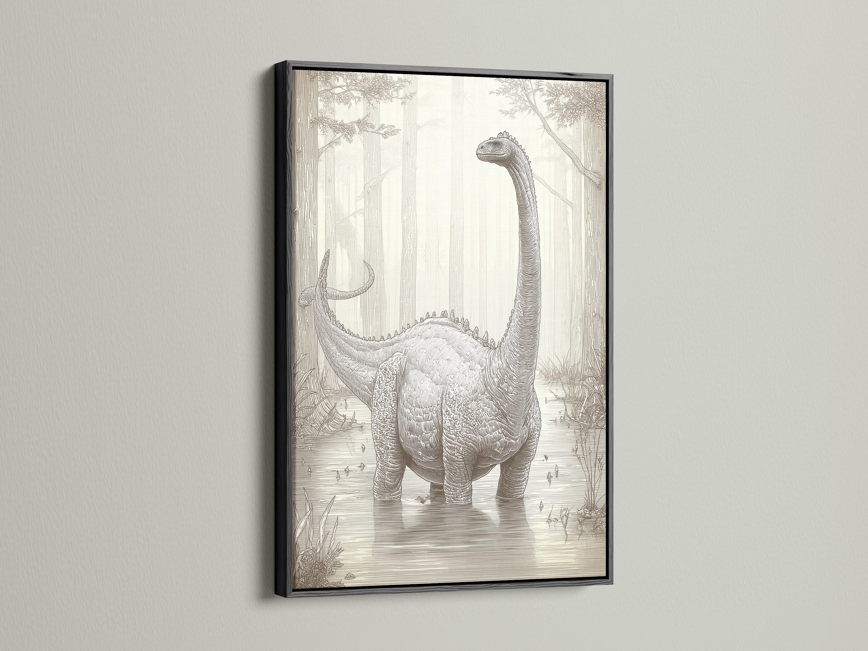 A black frame encases the dinosaur artwork. The dark frame creates a striking contrast. It adds a touch of sophistication to the piece. This frame option is bold and timeless.