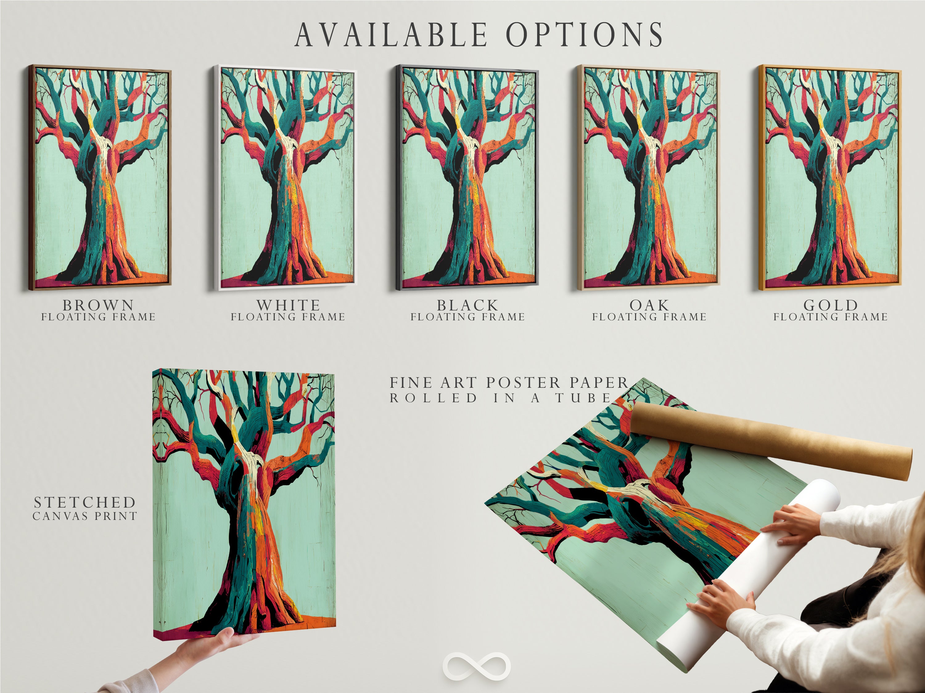 Explore available options for this abstract tree artwork. Choose from stretched canvas print fine art poster paper or a floating frame. Find the perfect fit for your modern home decor. It is vibrant and colorful.