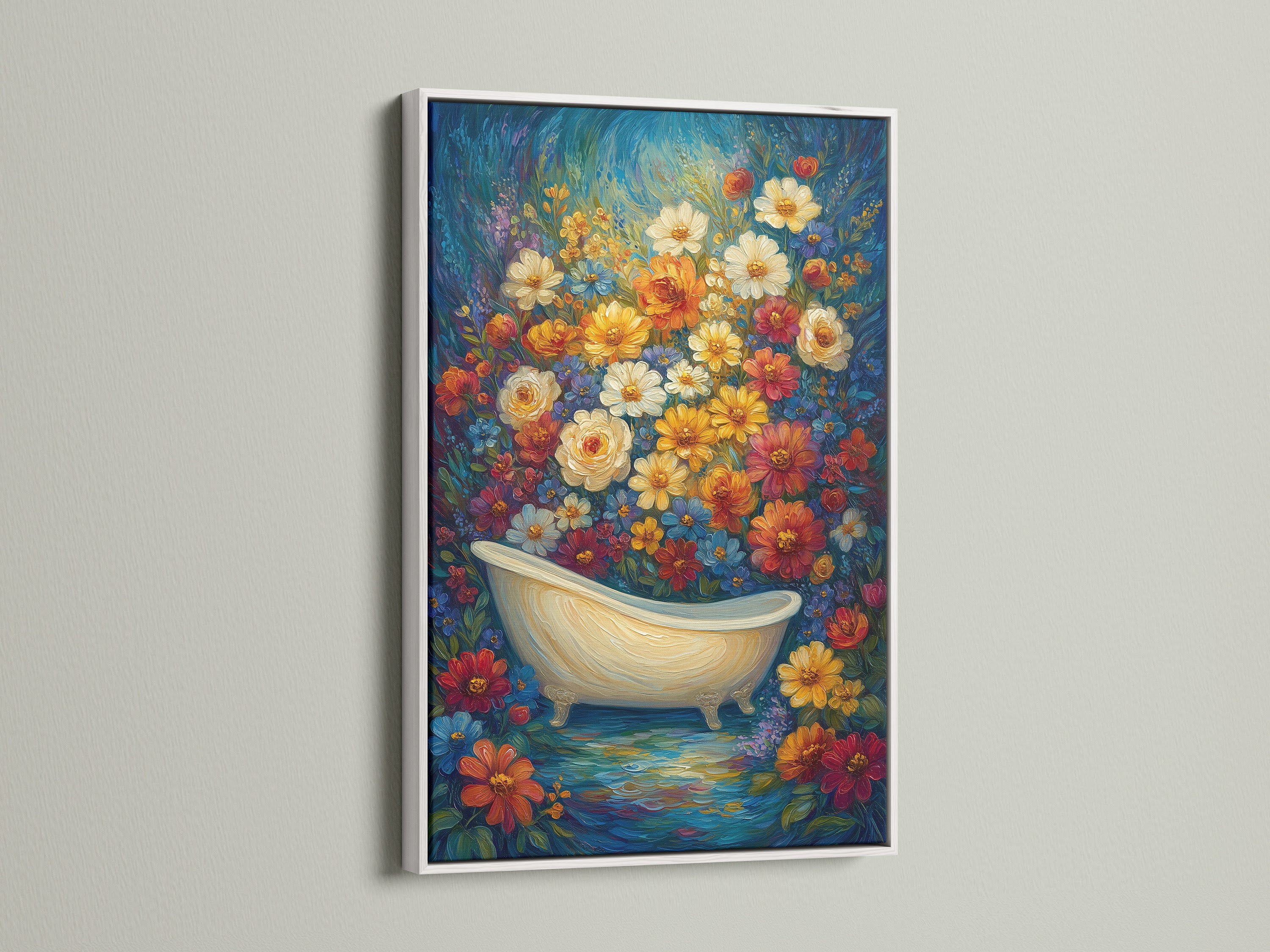 A charming floral bathtub artwork is showcased in a white frame. This botanical canvas print features a vintage clawfoot tub. Perfect for creating a relaxing spa-like atmosphere in your bathroom. It brings a bohemian and eclectic style. The primary color is blue. The secondary color is yellow. Enhance your bathroom wall decor with this piece.