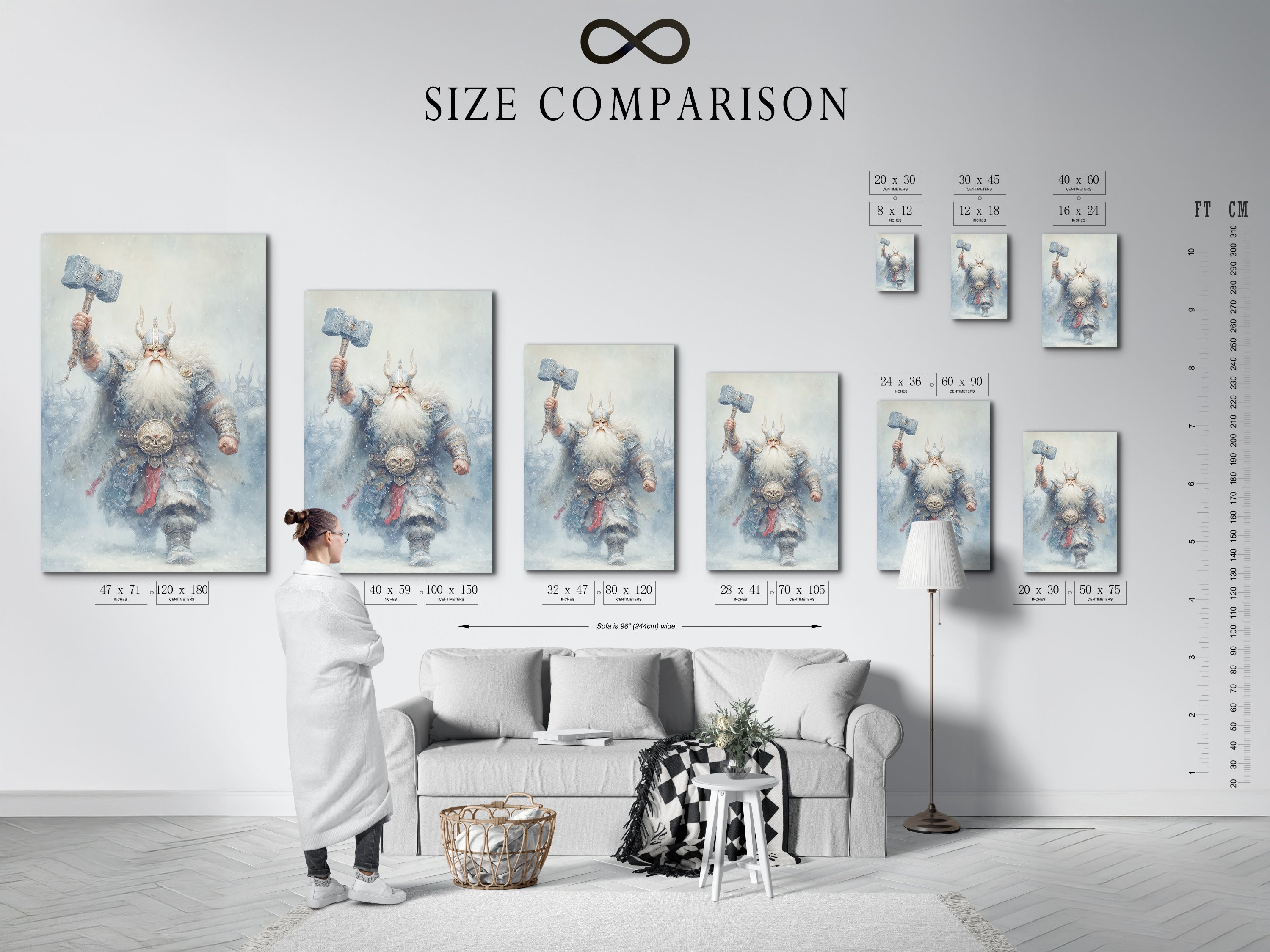 Size comparison chart in an interior setting. This illustrates the available sizes for the Viking Warrior canvas print. See how this Norse Mythology artwork fits in your space. Perfect for planning your game room decor. Choose the ideal size for your fantasy artwork.