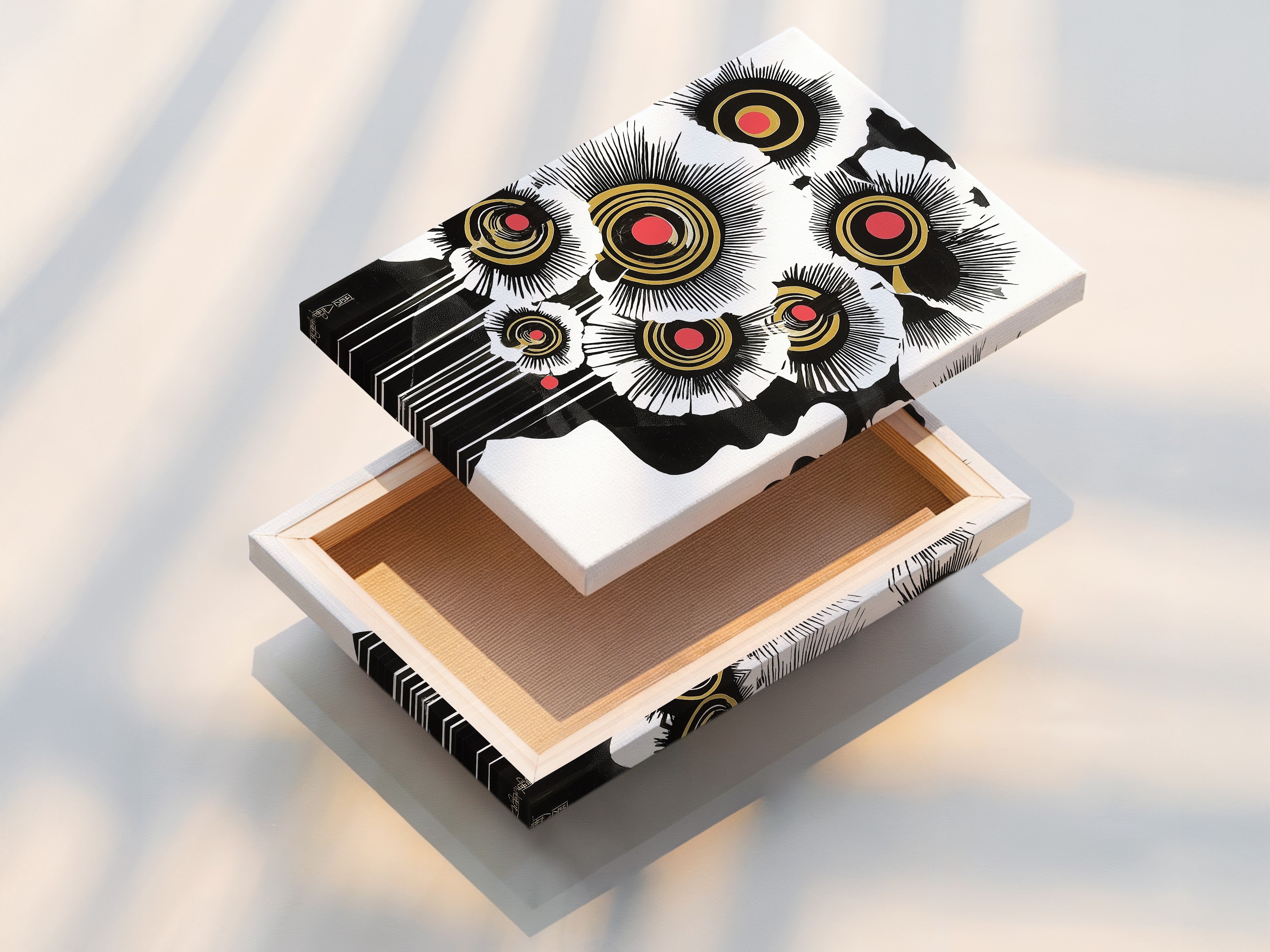 A stretched canvas print displays an abstract floral artwork. The black white and gold color scheme offers a modern botanical wall art option. This contemporary print is perfect for adding a touch of elegance to any living space. Great for minimalist contemporary and art deco interiors.