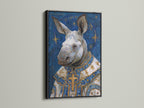 The rhino pope art print in a black frame. The black frame provides a modern look to the religious wall decor. This unique animal art is a great conversation piece. It's perfect for homeowners and renters looking to add a touch of ecclesiastical art.