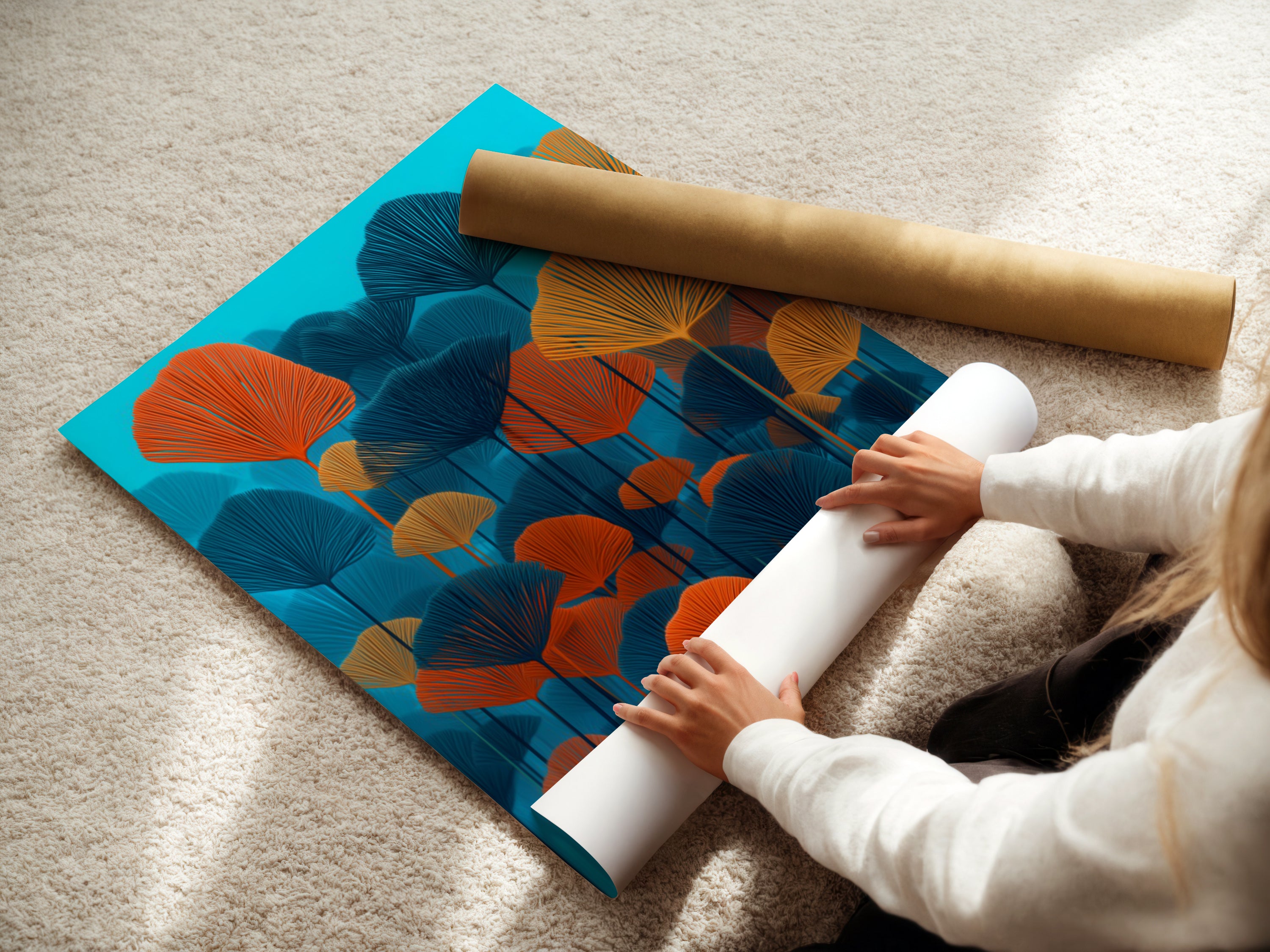 A woman carefully rolling a fine art poster paper displaying the delicate handling required for high-quality prints. The botanical artwork in teal and orange is ready to be framed. Ideal for adding a touch of modern elegance to any home or office decor.