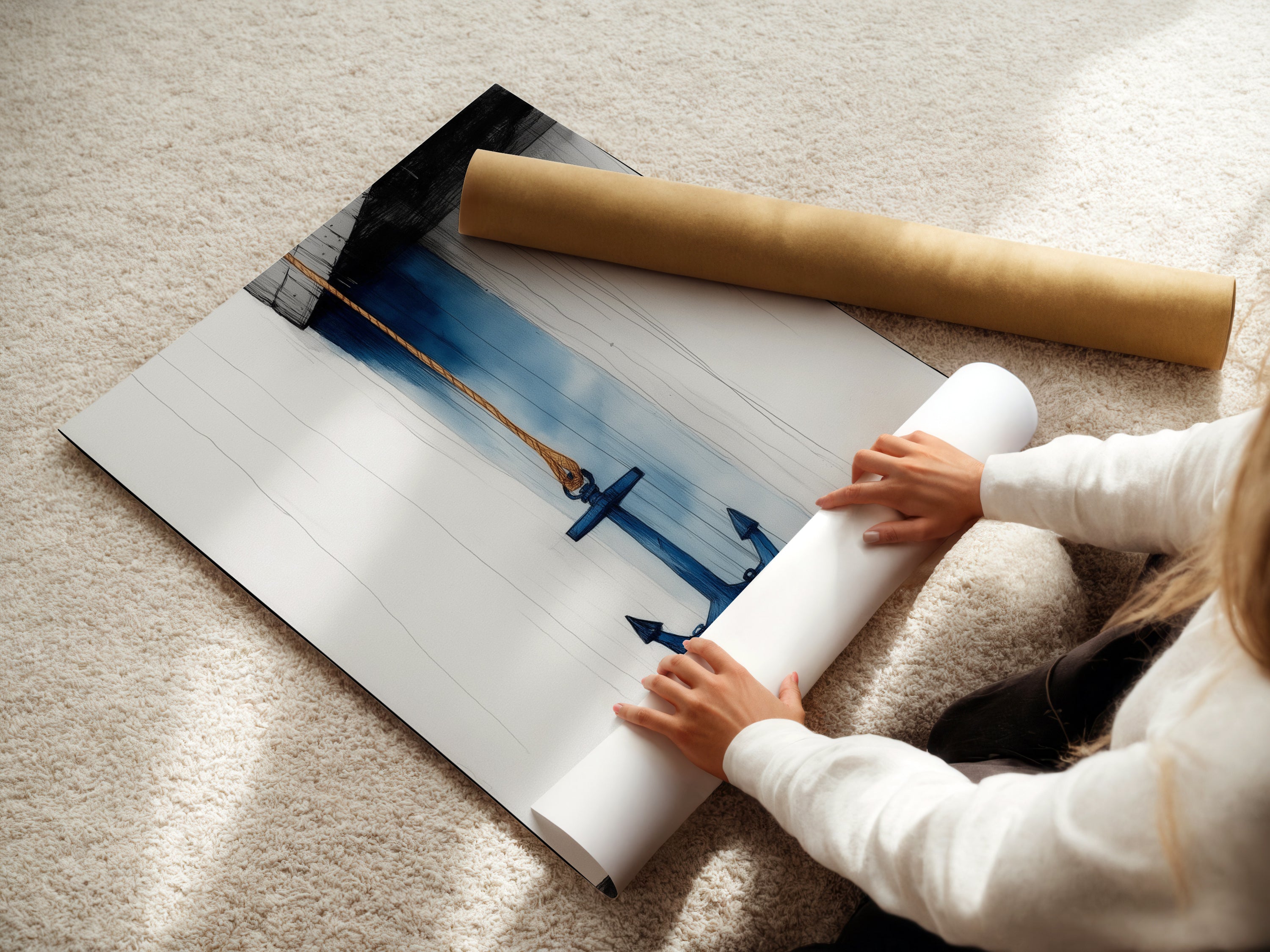 A woman carefully rolling a fine art poster paper featuring anchor nautical artwork. This coastal artwork brings a navy blue ocean theme to any space. Perfect for homeowners renters and interior designers. Ideal for bathroom living room bedroom or home offices. Order yours today.