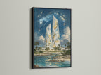 Crystal Tower art is featured in a black frame. This creates a bold contrast on the wall. The modern architecture print is perfect for office wall art. Add a touch of sophistication with this framed artwork.