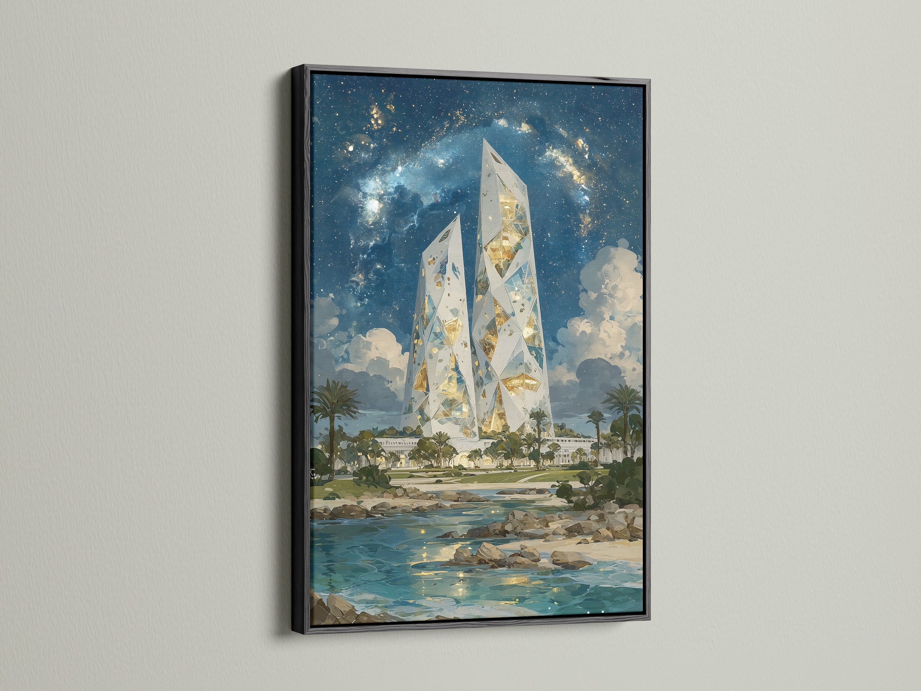 Crystal Tower art is featured in a black frame. This creates a bold contrast on the wall. The modern architecture print is perfect for office wall art. Add a touch of sophistication with this framed artwork.