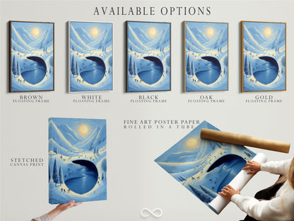 Explore available options including stretched canvas prints fine art poster paper and floating frames. Discover the perfect presentation for your winter landscape artwork. The snowy mountain lake art will complement your style.