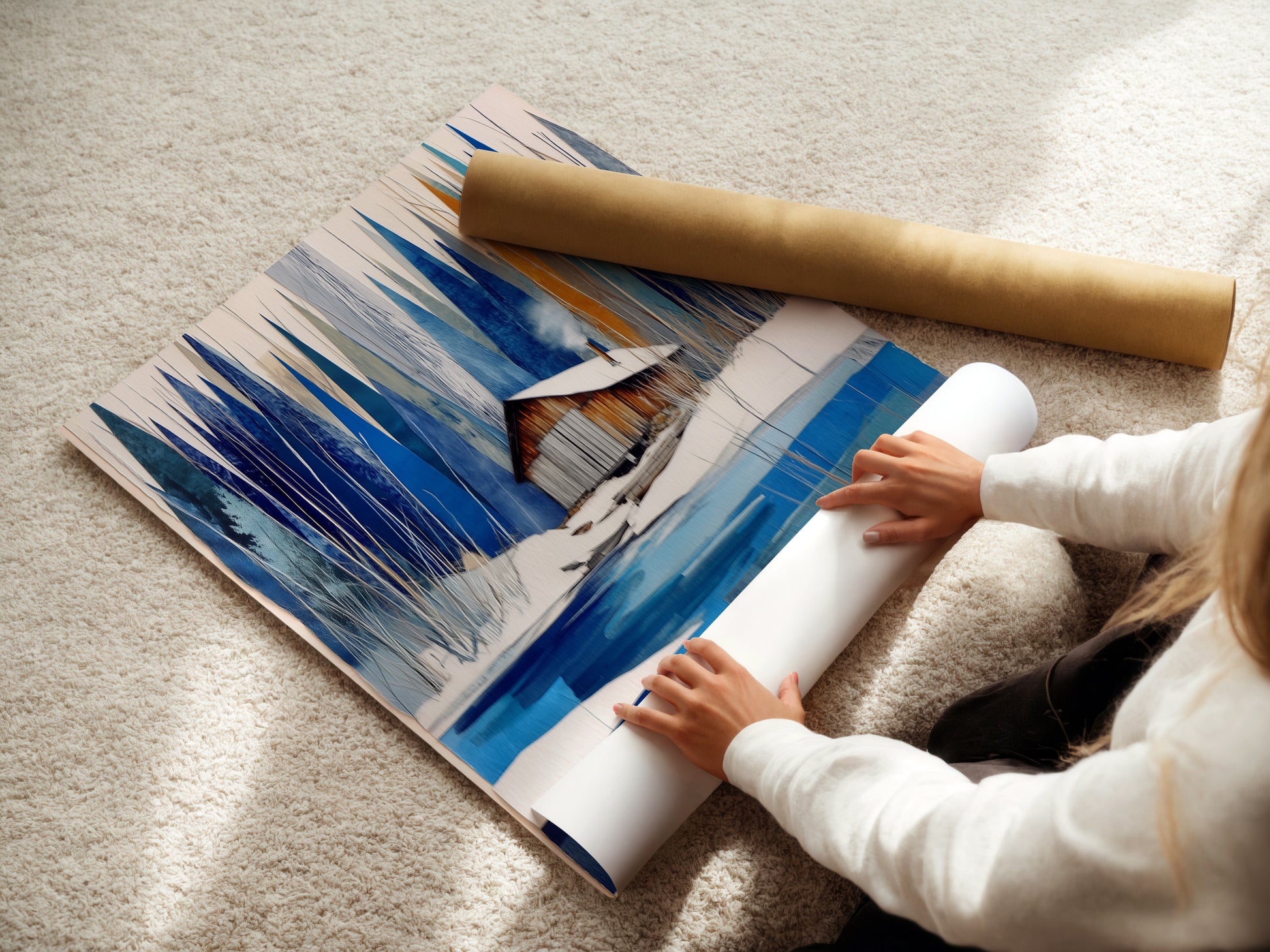A woman is carefully rolling a fine art poster paper. The artwork is a winter cabin scene. The snowy lake wall art poster is ready for framing. The blue and white abstract winter art will soon be displayed. Perfect for modern wall art collections and chalet decor. Ideal for nature prints.