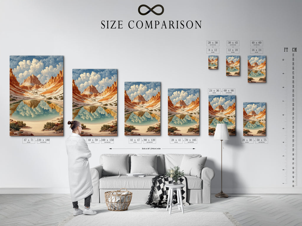 Visualize the perfect fit with our size comparison chart in an interior setting. See how our desert canyon art and southwest landscape prints complement your space. Choose the ideal size for your terracotta mountain canvas or nature photography print. Perfect for any room in your home or office.