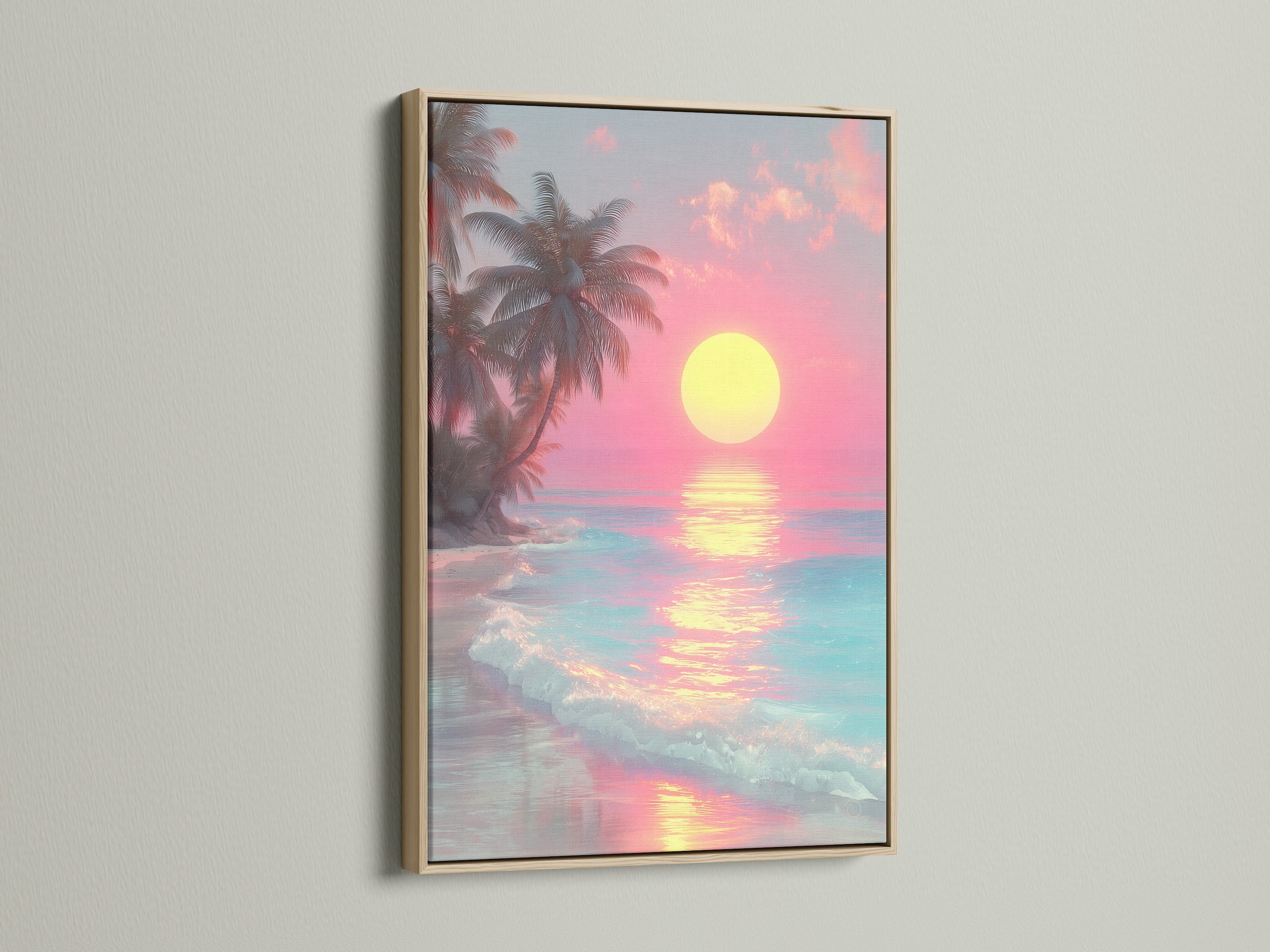 Tropical beach art in an oak frame.  The artwork features a pink sunset over the ocean. Gentle waves roll onto the shore. A beautiful and calming piece of art to enhance your space.